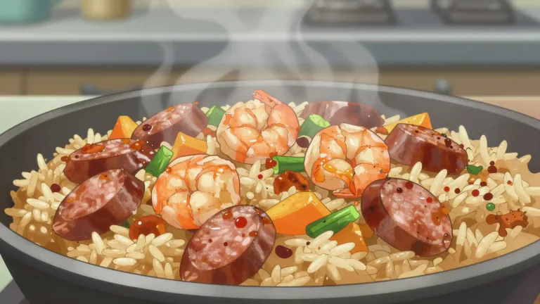 Visual representation of "jambalaya" - A Creole rice dish consisting of meat, vegetables, and spices, often including shrimp and sausage.
