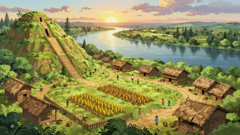 Visual representation of "mississippian" - Relating to a prehistoric period in North America characterized by complex societies, agriculture, and mound-building, primarily along the Mississippi River.