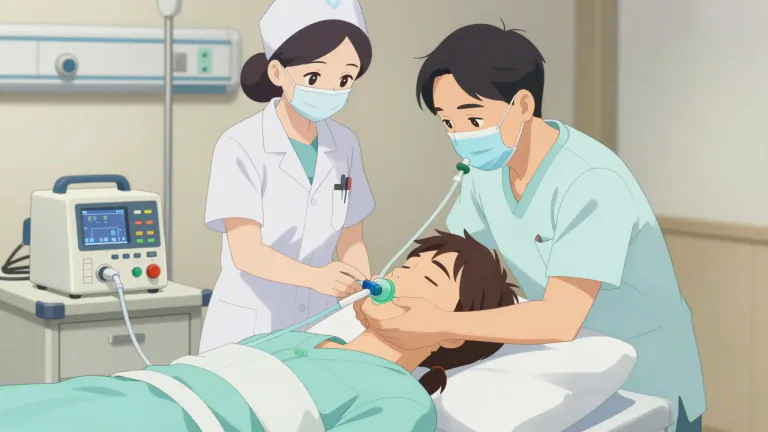 Visual representation of "intubate" - To insert a tube into the airways of a patient to help them breathe.