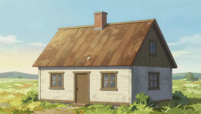Visual representation of "saltbox" - A type of house characterized by a long, sloping roof that is higher at the front than at the back.