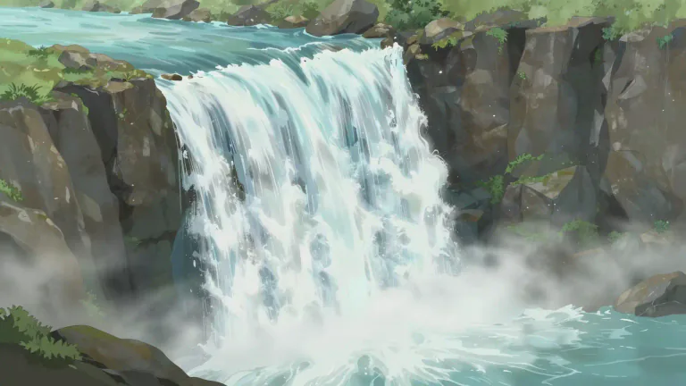 Visual representation of "waterfall" - A place where water flows over a vertical drop in the course of a stream or river