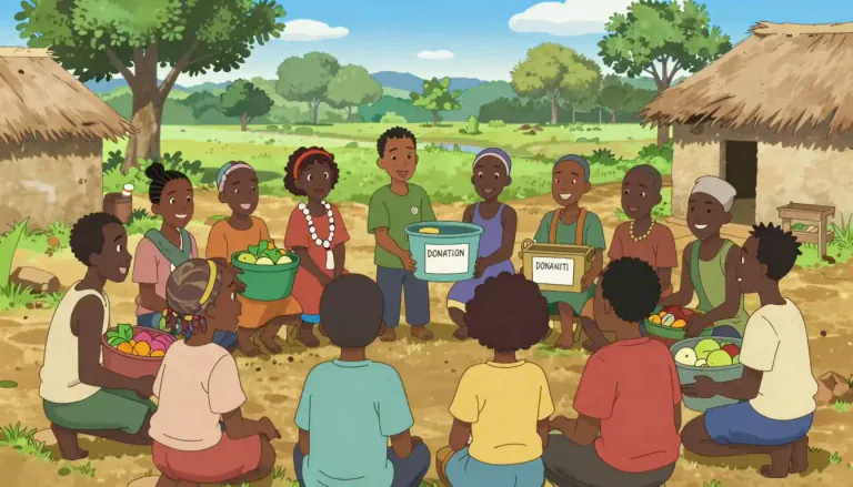 Visual representation of "harambee" - A Kenyan tradition that involves a community gathering to support a common cause, often for fundraising or helping those in need.