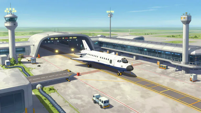 Visual representation of "spaceport" - A facility designed for spacecraft to take off and land, similar to an airport for planes.