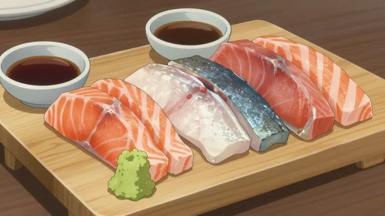 Visual representation of "sashimi" - A Japanese dish of bite-sized pieces of raw fish eaten with soy sauce and wasabi.