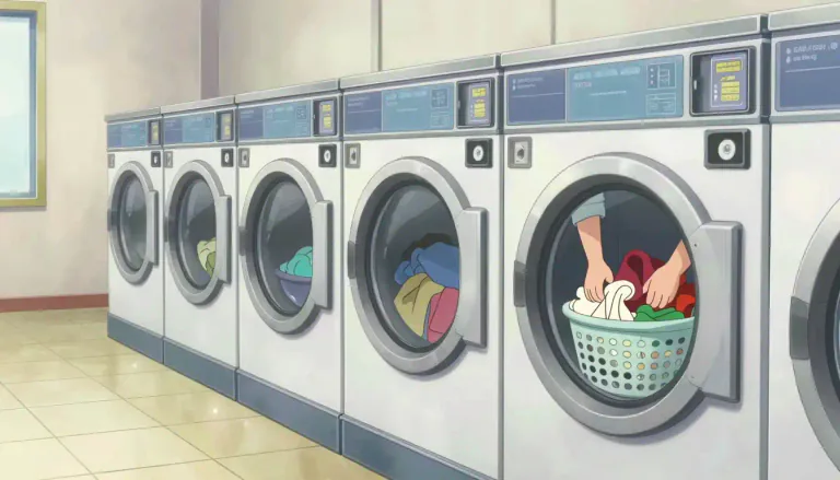 Visual representation of "launderette" - A launderette is a self-service establishment where people can wash and dry clothes using coin-operated machines.