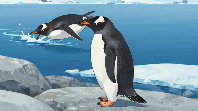 Visual representation of "gentoo" - A type of penguin found primarily in the sub-Antarctic region, known for its distinct white stripe on its head and its speed in water.