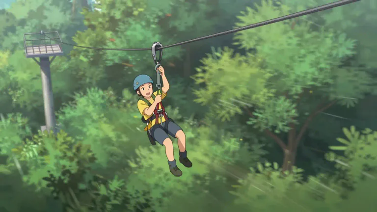 Visual representation of "zipline" - A zipline is a method of aerial travel where a person rides down a wire or cable, usually high up in the air, often for recreational purposes.