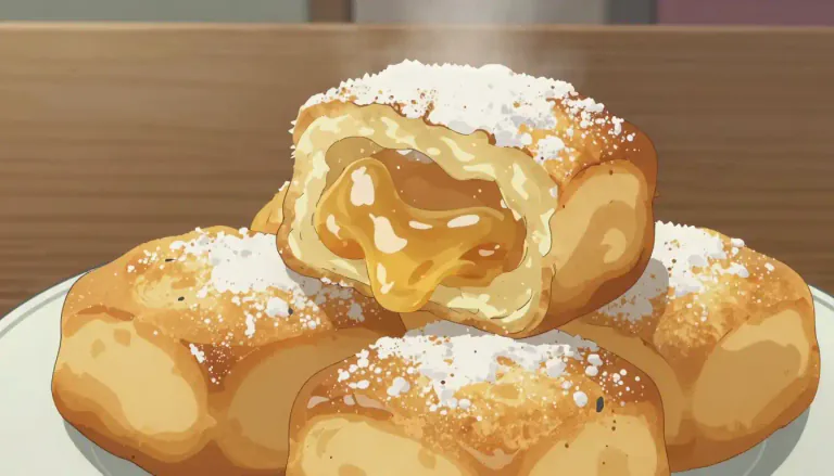 Visual representation of "beignet" - A beignet is a square piece of fried pastry, often covered with powdered sugar and sometimes filled with sweet fillings.