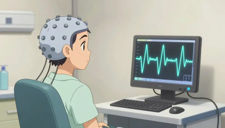 Visual representation of "electroencephalography" - A method used to record the electrical activity of the brain through electrodes placed on the scalp.