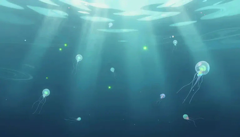 Visual representation of "planktonic" - Describing organisms, especially small aquatic organisms, that drift or float in water.