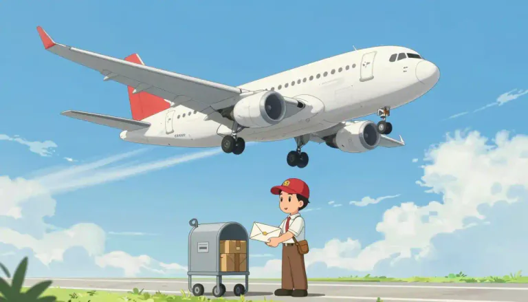 Visual representation of "airmail" - A service that sends letters and parcels by aircraft, ensuring quicker delivery compared to regular mail.