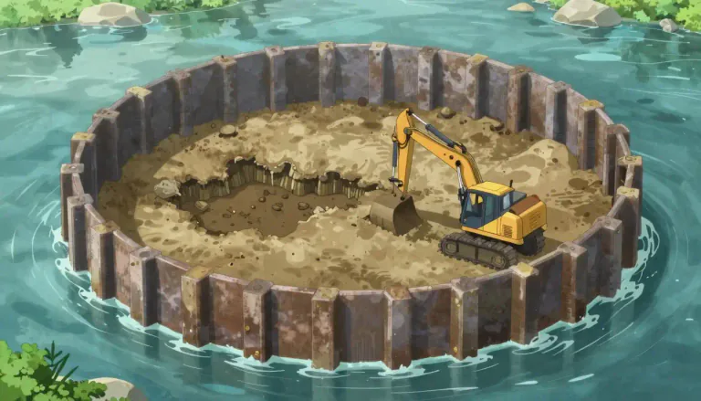 Visual representation of "cofferdam" - A cofferdam is a temporary structure used to hold back water and allow for dry construction work in an enclosed area.