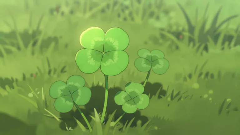 Visual representation of "clover" - A small plant with three, or usually four, leaves, often found in lawns and pastures. It's considered to be a sign of good luck if one finds a four-leaf clover.