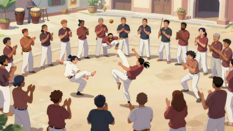 Visual representation of "capoeira" - Capoeira is a Brazilian martial art that combines elements of dance, acrobatics, and music, performed in a circle called 'roda'.
