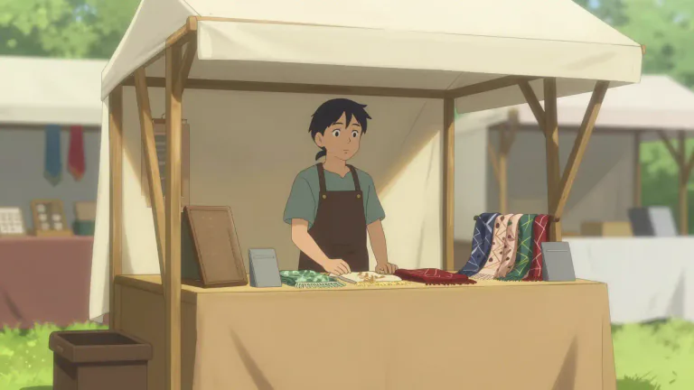 Visual representation of "booth" - A small temporary tent or structure, used especially for selling items or giving information at a fair or market.