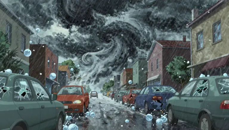 Visual representation of "hailstorm" - A storm where a lot of small balls of ice, known as hail, fall from the sky.
