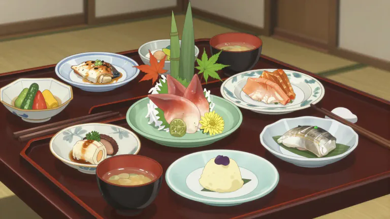 Visual representation of "kaiseki" - A traditional Japanese multi-course dining experience, emphasizing seasonal ingredients and beautiful presentation.