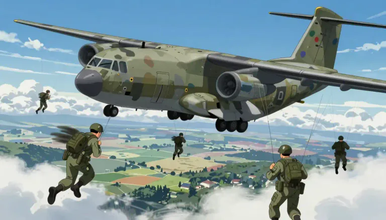 Visual representation of "paratroop" - To drop troops by parachute from an aircraft.