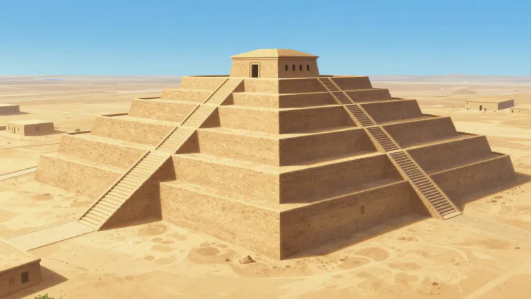 Visual representation of "ziggurat" - A ziggurat is a rectangular stepped tower, often built as a temple in ancient Mesopotamian architecture.