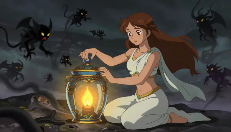 Visual representation of "pandora" - In Greek mythology, Pandora was the first woman created by the gods, who opened a sealed container that released all the world's miseries into the open, leaving only hope inside.