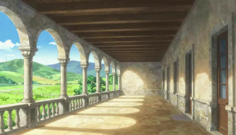 Visual representation of "loggia" - A covered walkway or gallery with one side open to the air, often found in buildings like houses or palaces.