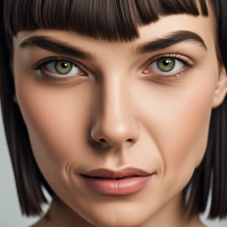 Visual representation of "bang" - A fringe of hair cut straight across the forehead