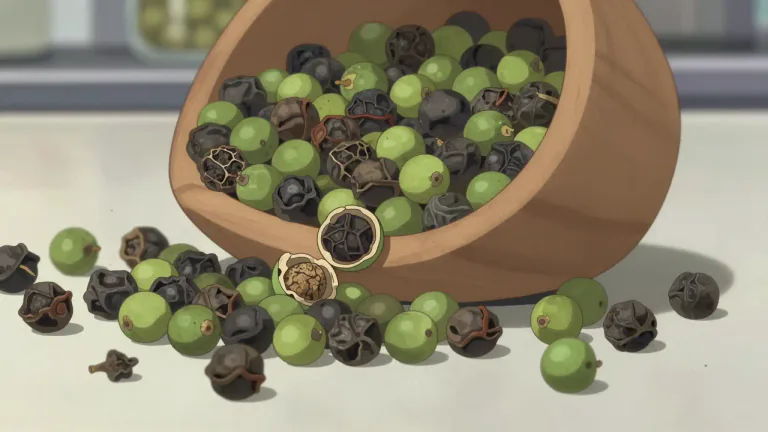 Visual representation of "peppercorn" - A tiny fruit which is dried and used as a spice to add flavor in food.