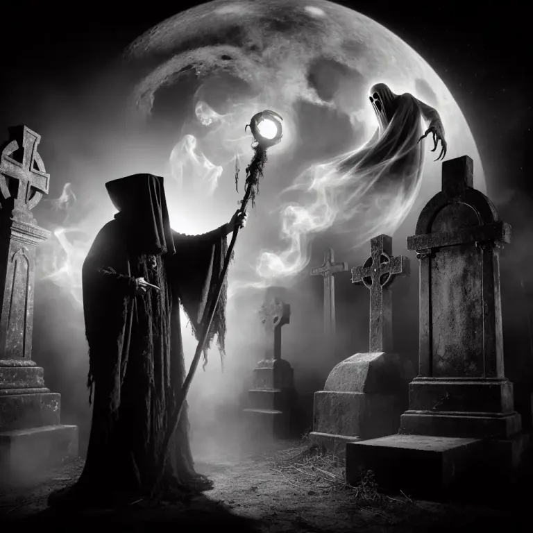 Visual representation of "necromancer" - In fantasy literature or games, a character who can raise the dead or control undead creatures.