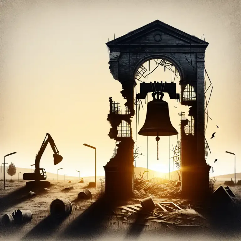 Visual representation of "knell" - A sign or sound that warns of the end or failure of something