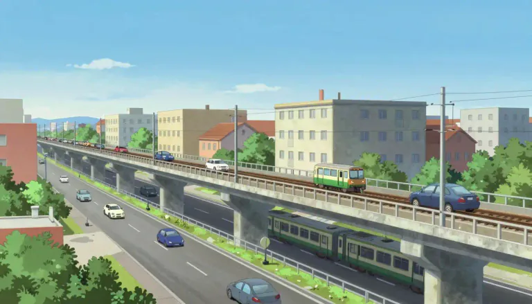 Visual representation of "flyover" - A bridge built above a road or railway allowing other vehicles to pass underneath
