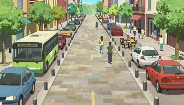 Visual representation of "pedestrianize" - To convert a street or an area to be used only by people walking, not by cars or other vehicles