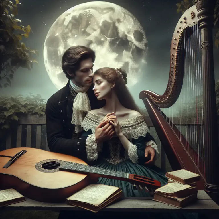 Visual representation of "romantically" - Relating to the romantic period or style in music or literature