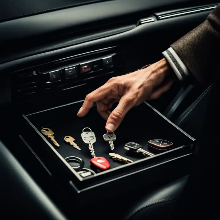Visual representation of "tray" - A small storage compartment in a car, used to hold small items.