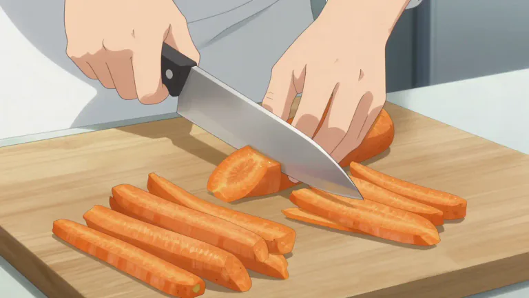 Visual representation of "julienne" - To cut food into long, thin strips, usually of vegetables.