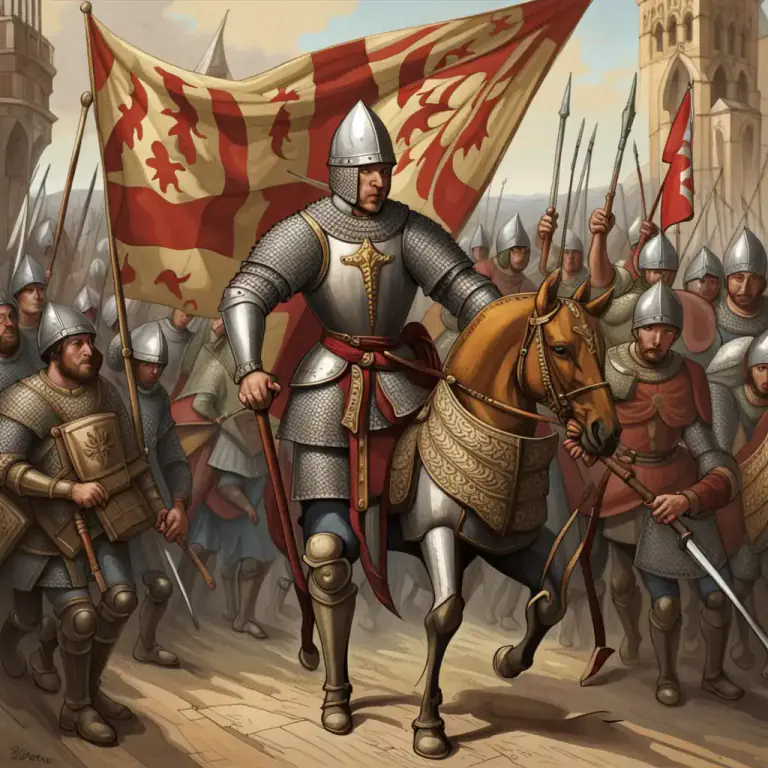 Visual representation of "ancient" - The flag-bearer in a medieval battle, or a soldier of a high rank.