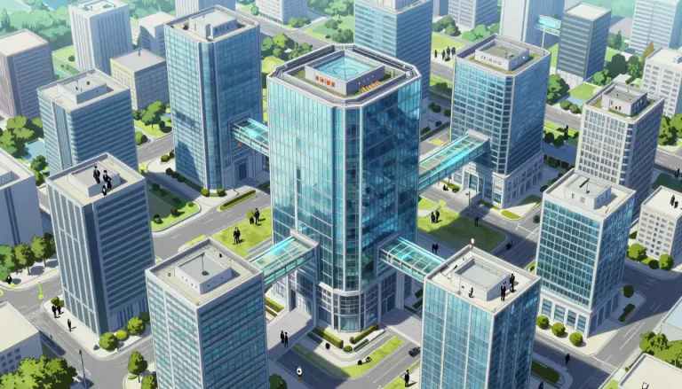 Visual representation of "corporation" - A large company or group of companies that is legally recognized as a single unit.
