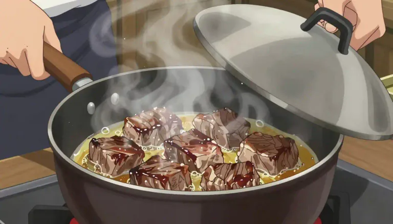 Visual representation of "braise" - To cook food, especially meat, by lightly frying it in fat before stewing it in a covered pot with a little amount of liquid.