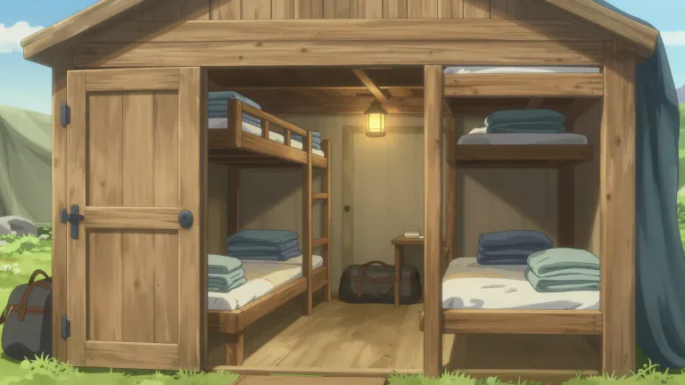 Visual representation of "bunkhouse" - A bunkhouse is a building offering shared sleeping quarters for a large group of people, typically used in camps or for workers in remote areas.