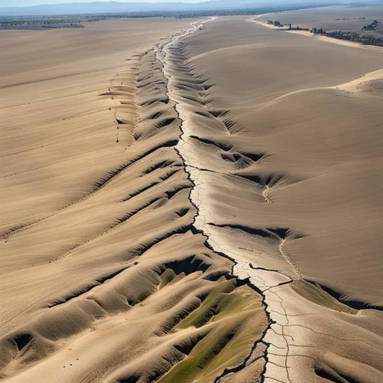 Visual representation of "fault" - A crack or break in the earth's surface where earthquakes often happen
