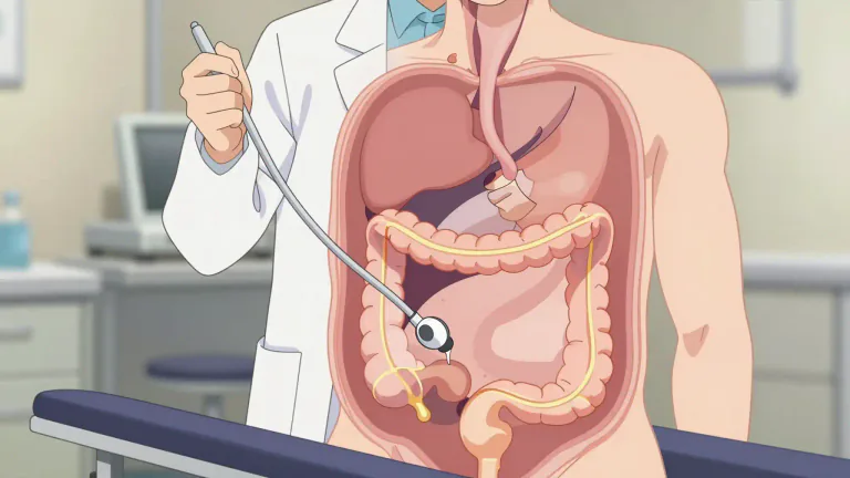Visual representation of "colonoscopy" - A procedure that allows a doctor to examine the inside of the colon and rectum using a thin, flexible tube with a light and camera.