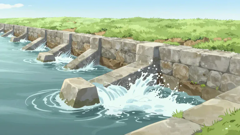 Visual representation of "revetment" - A defensive wall or barrier, often made of stone or concrete, that is built to prevent erosion by waves or currents.