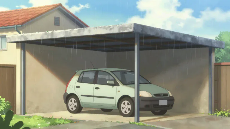 Visual representation of "carport" - A carport is a small structure used to cover a car, usually consisting of a roof supported by poles, offering protection from rain or sunshine.