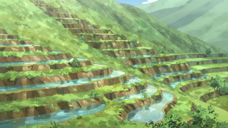 Visual representation of "terraced" - Having multiple levels created by constructing platforms in a slope, like steps.