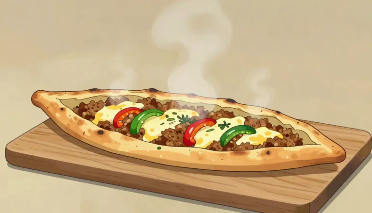 Visual representation of "pide" - A traditional Turkish flatbread that is often topped with a variety of toppings such as minced meat, cheese, or vegetables.