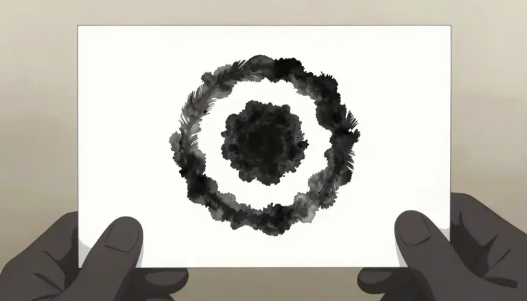 Visual representation of "inkblot" - A mark or stain made by ink that is often used in psychological tests to analyze a person's thoughts based on their interpretation of the shape.