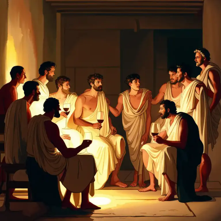 Visual representation of "symposium" - In ancient Greece, a drinking party, particularly one following a dinner, where philosophical discussions happened.