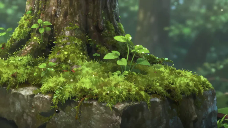 Visual representation of "moss" - A green plant that is small and does not have flowers, grows in damp places like on rocks and trees.