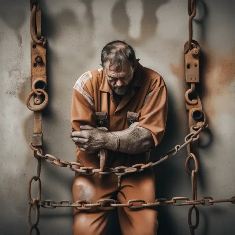Visual representation of "manacle" - To bind or confine someone with a manacle, preventing from moving