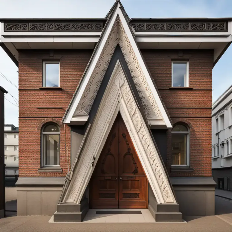 Visual representation of "gable" - A decorative feature, such as a triangular projection over a portico, window, door, etc.