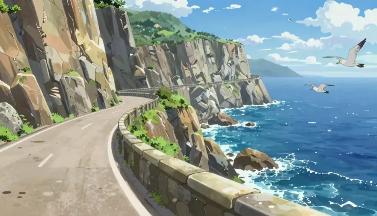 Visual representation of "corniche" - A road built along a cliff or coast, offering scenic views.